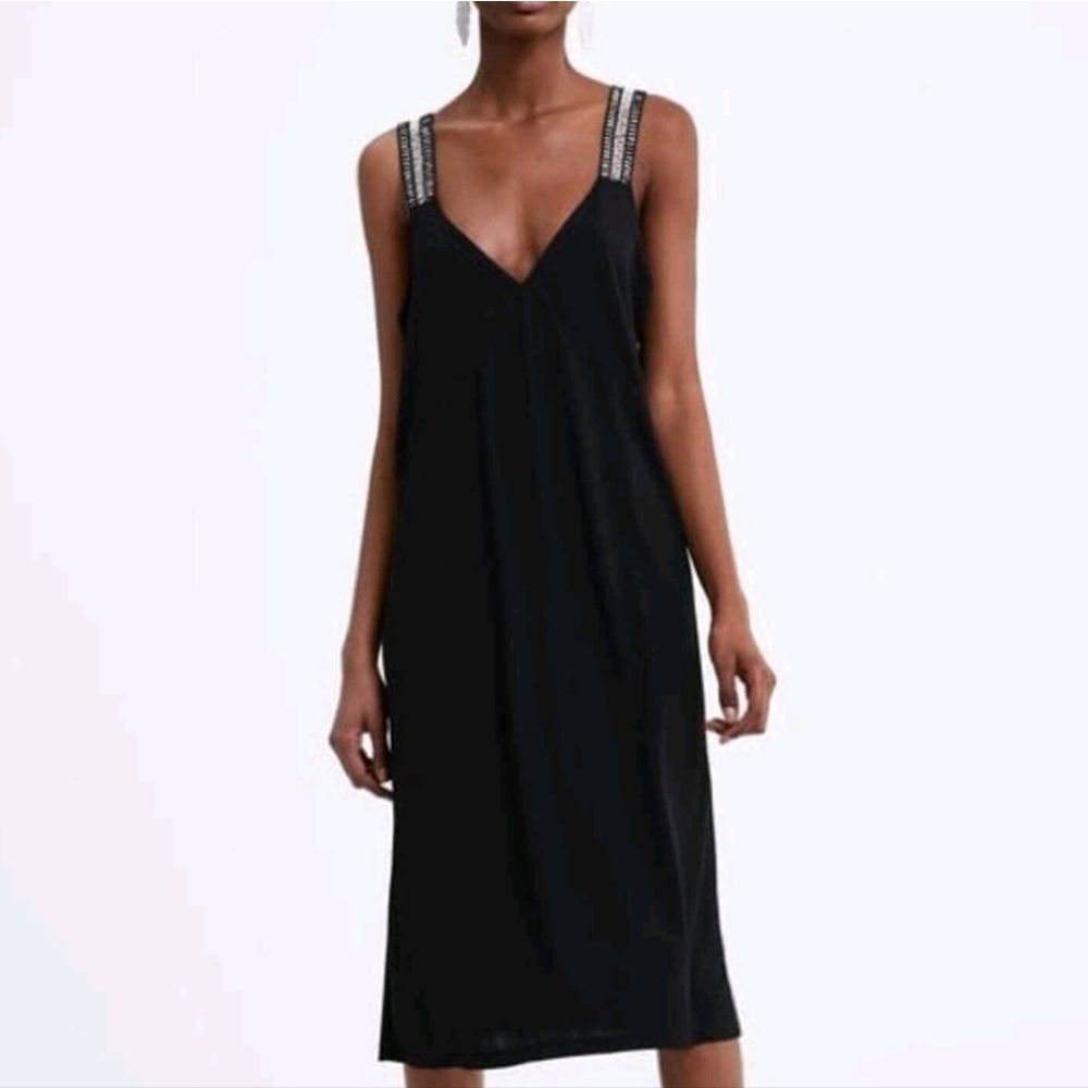 NWOT Zara Black Ribbed Midi Dress‎ crochet Straps Small